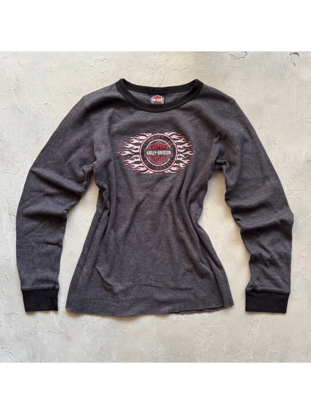 Vintage 1990s Womens Harley Davidson Faded Black Long Sleeve Flame Thermal Shirt